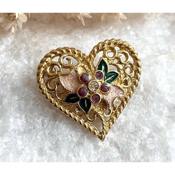 Heart Shaped Textured "I Love You" Rhinestoned and Enameled Brooch - Picture 1 of 10